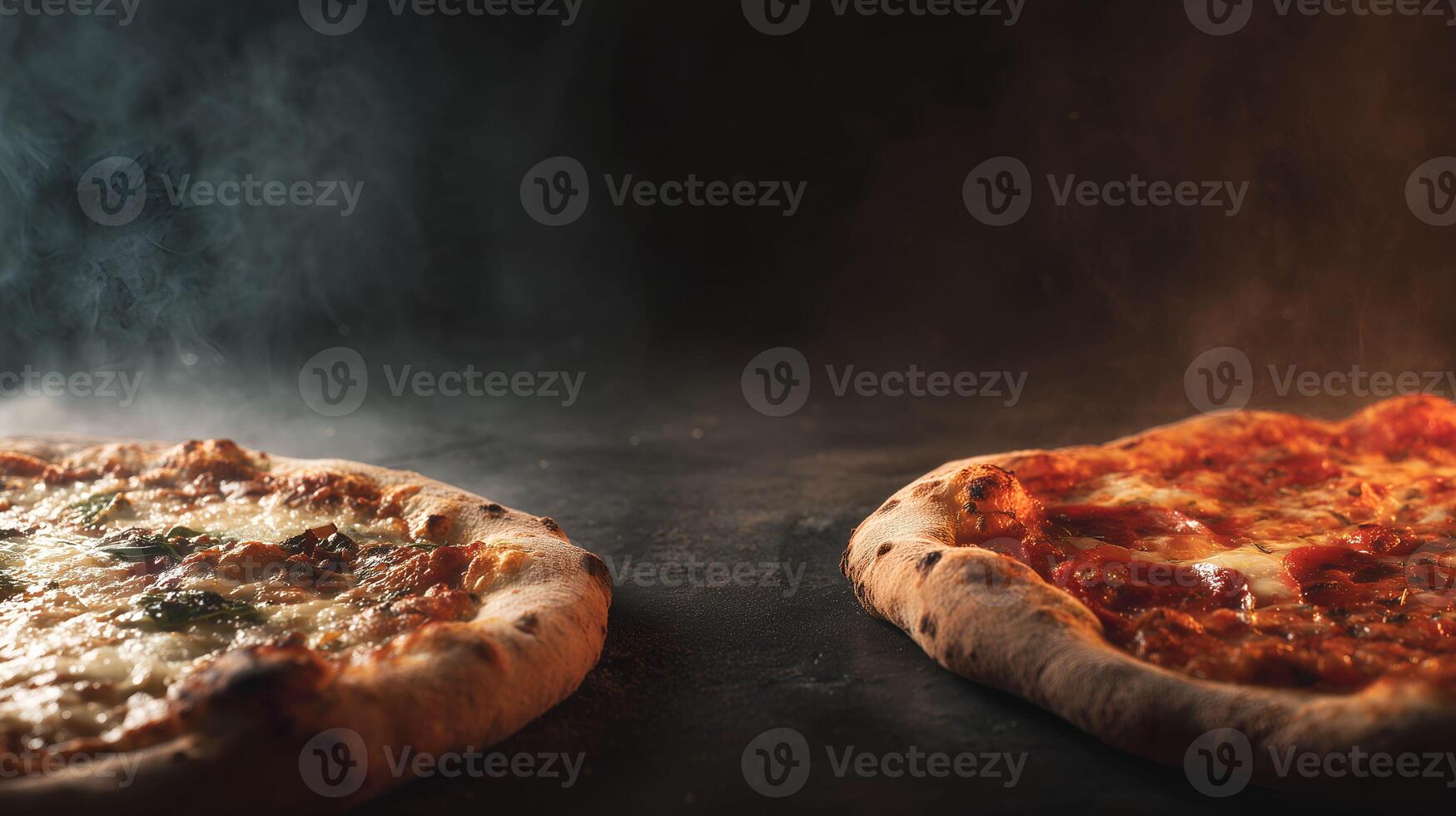 Traditional pizza from the oven on a dark background with spectacular shadows and an empty space on top to place an advertisement or logo photo