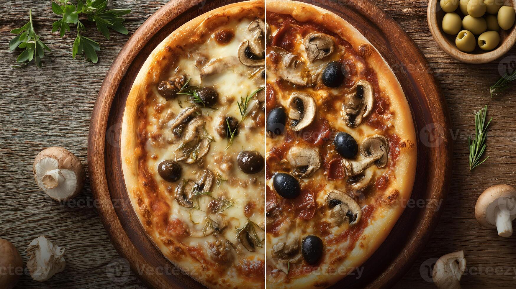 A photo of two types of pizza in one on a wooden plate with mushrooms and olives and cheese.