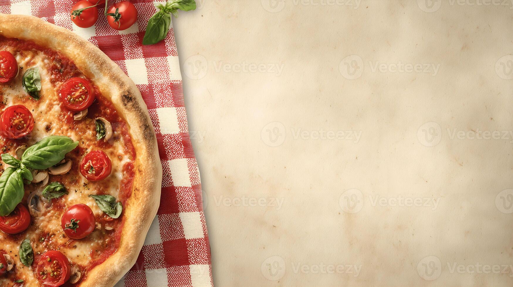 Top view of a whole margherita pizza on table with empty space for your text. Simple and minimalist design. photo