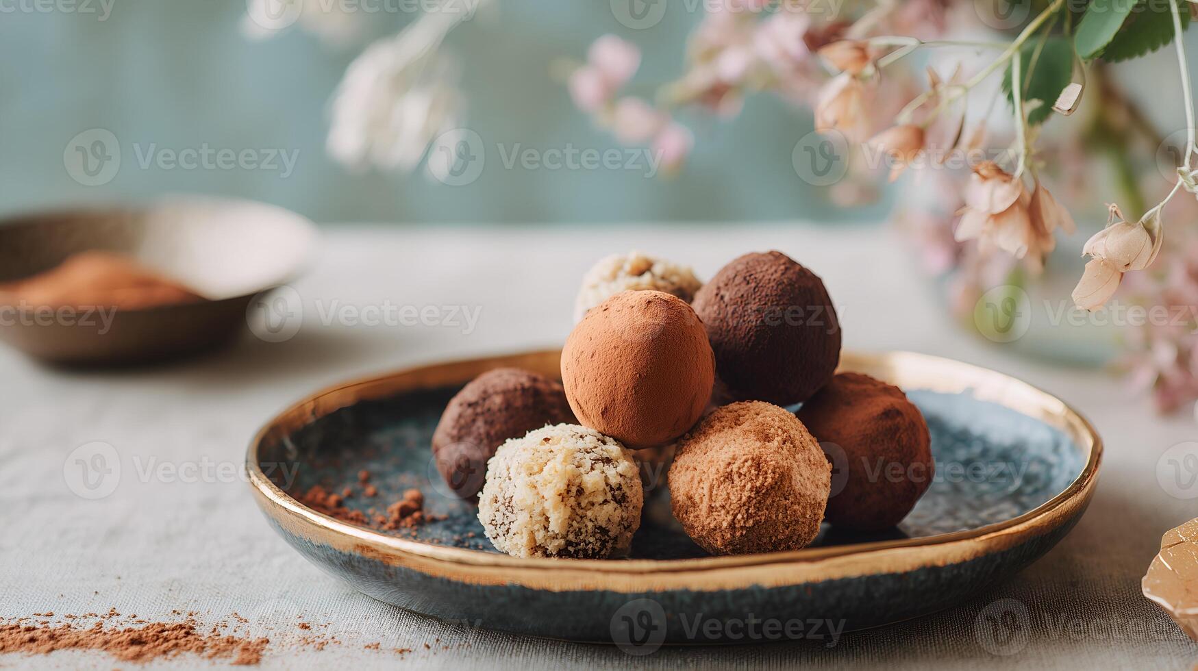 Elegant close-up of Belgian chocolate truffles with rich textures on a light background with flowers photo