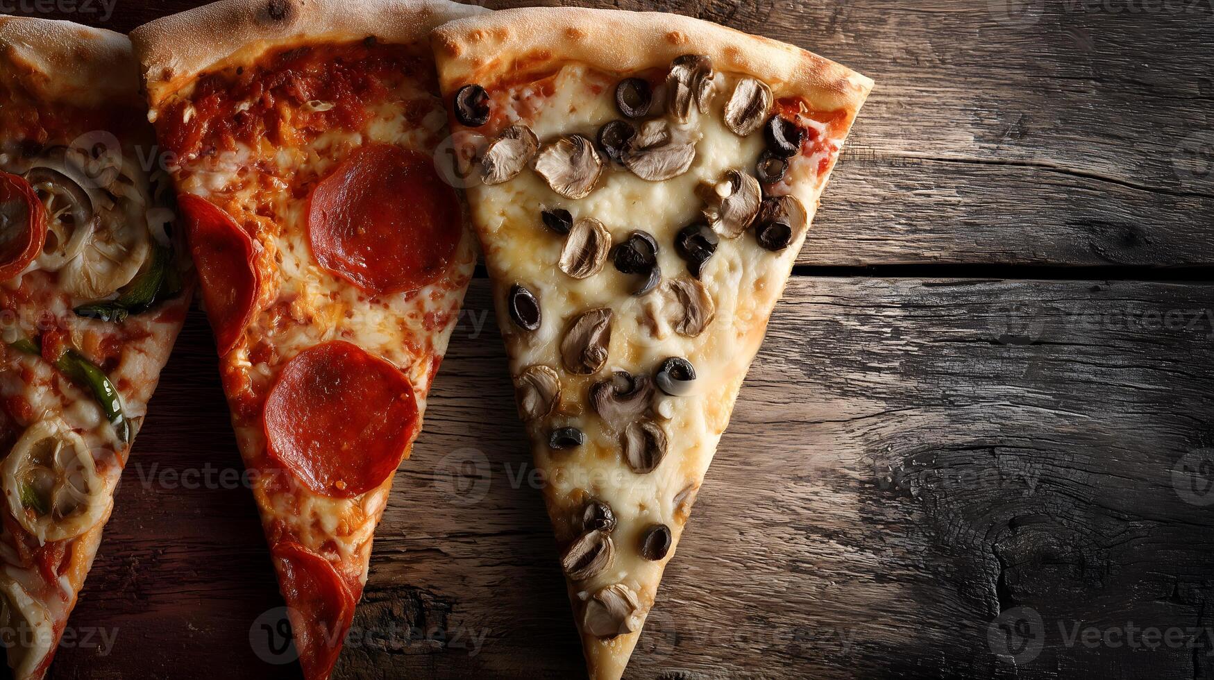 Three different pizza slices laid out on the left side of a rustic background, with empty space on the right. Ideal for promotional or marketing materials. photo