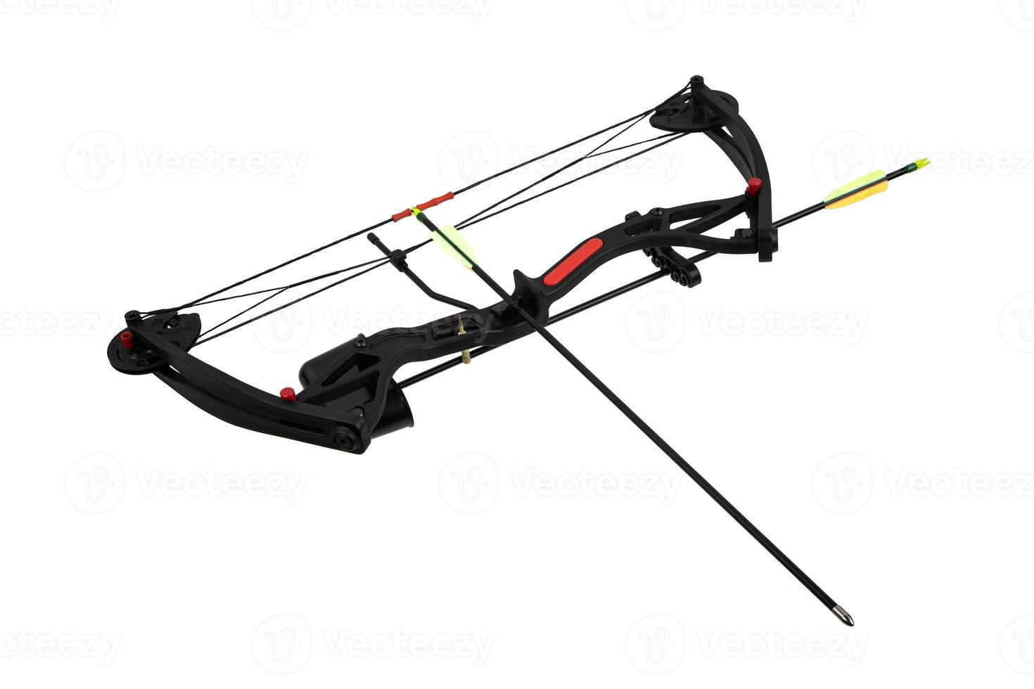 Black compound bow with arrow loaded, isolated on white back photo