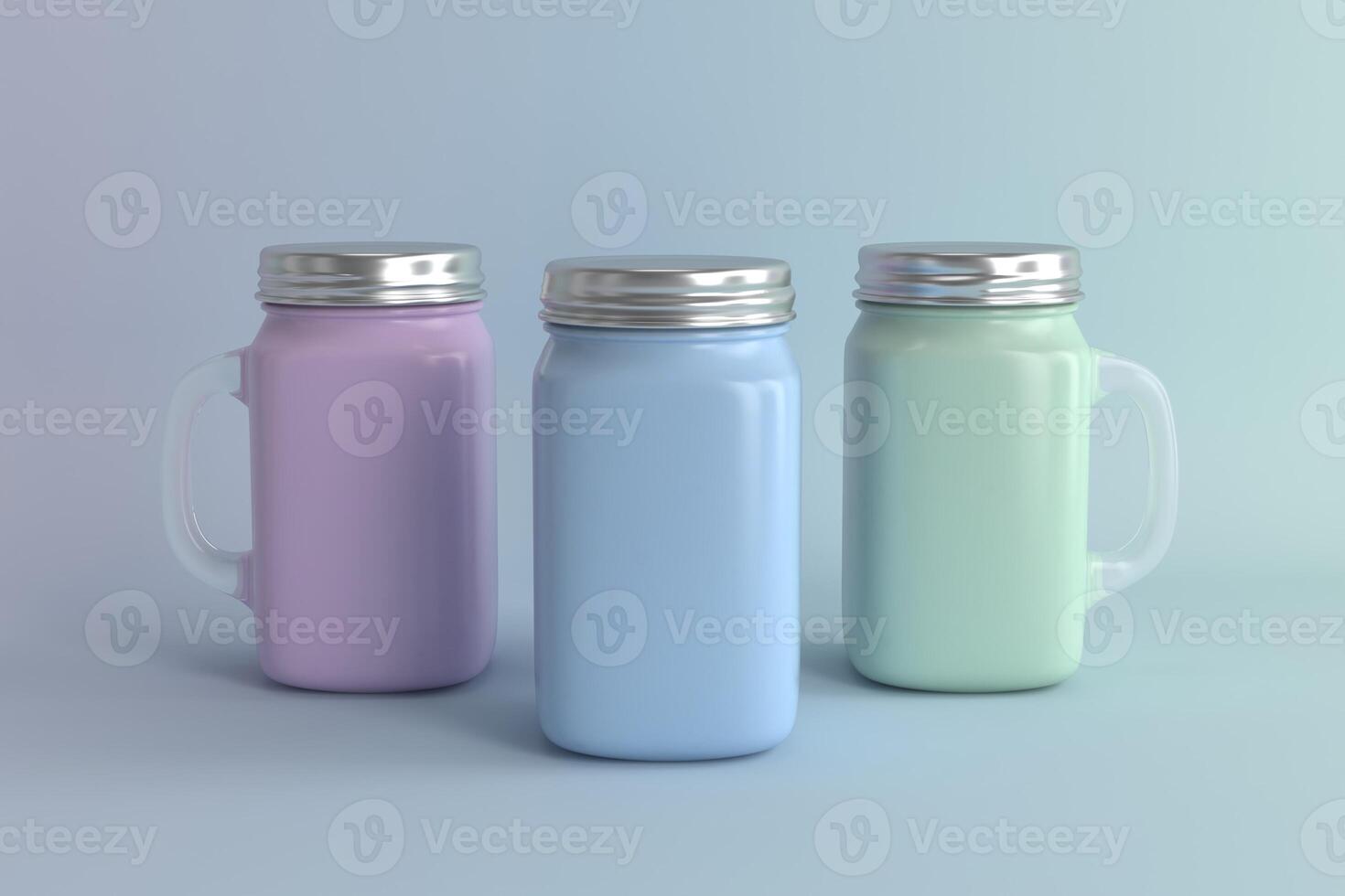 Three Pastel-Colored Mason Jars, One Purple, One Blue, and One Green, Each with a Silver Lid and Clear Handle, Arranged on a Light Blue Background photo