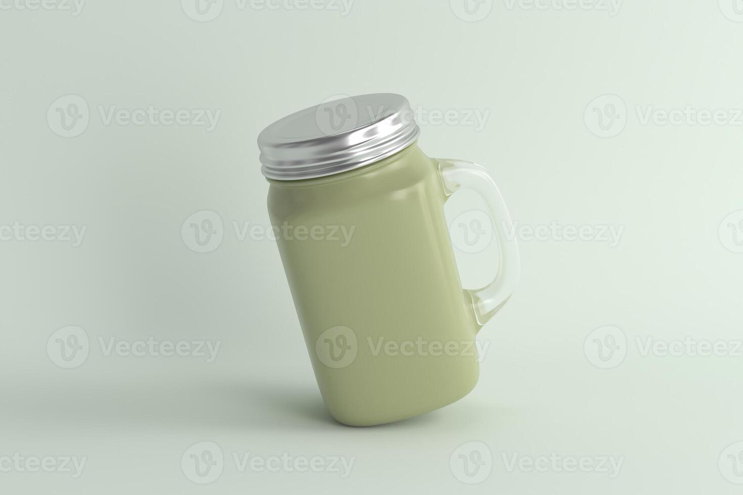 Pastel Green Mason Jar Mug with a Handle and Silver Lid, Leaning on a Soft Green Background photo