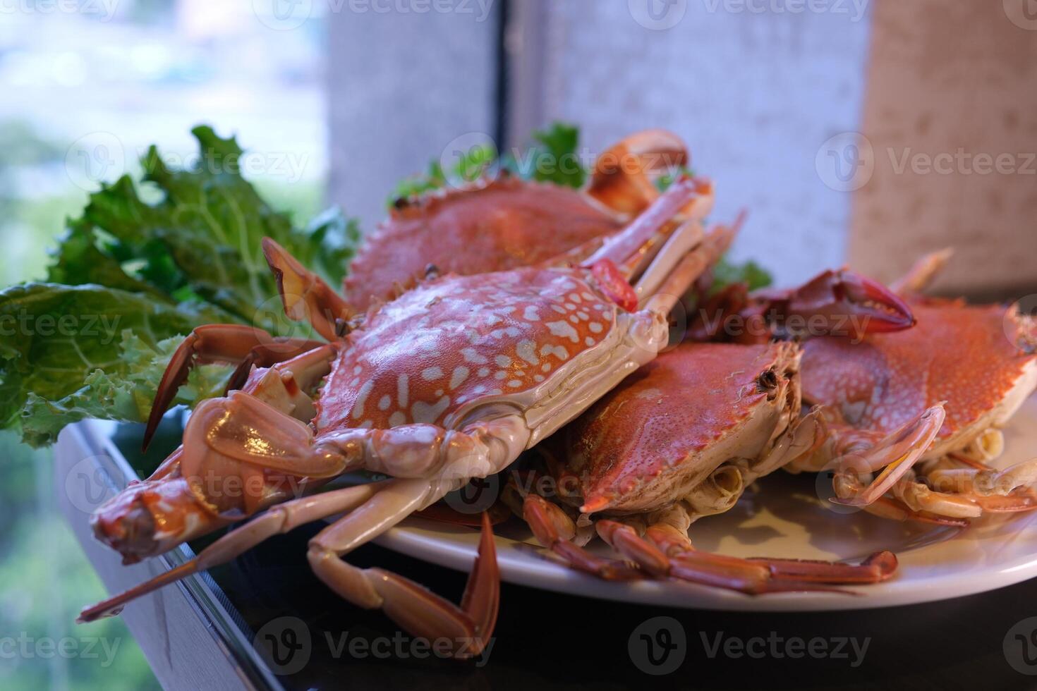 Crabs plate lettuce Thai-style stir-fried crab with bell peppers and onions on a bed of lettuce. photo