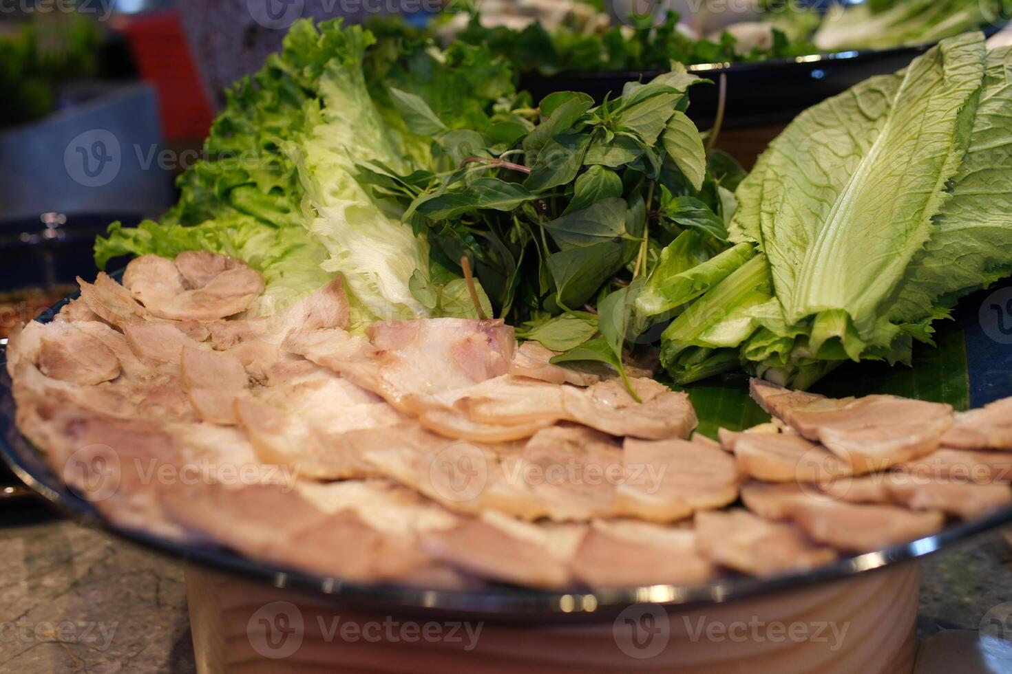 Vegetables meat platter slicing meat pork roll carrots assorted beetroot horseradish dill white background photo