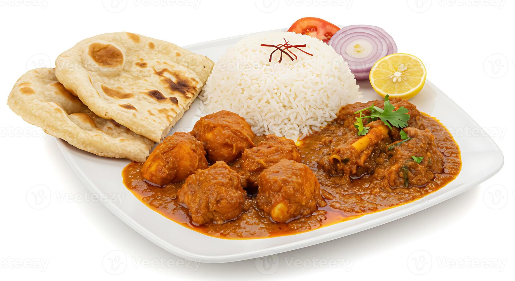 A plate of food with rice, chicken, and bread photo