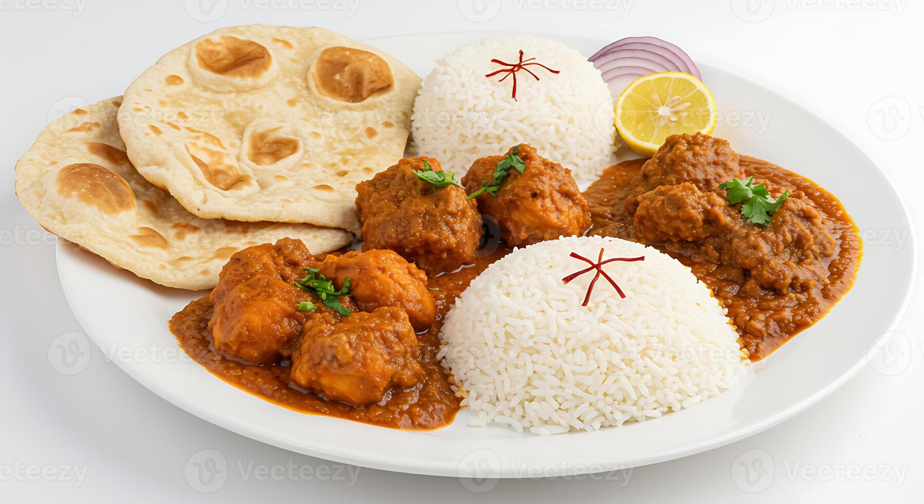 A plate of food with rice and meat photo