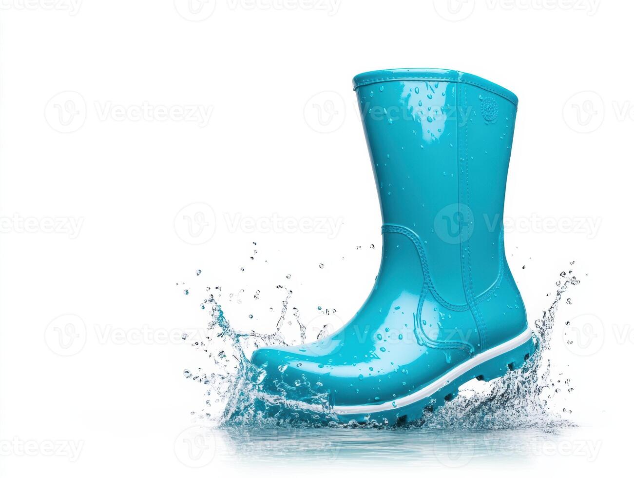Bright blue rain boot splashing in puddles during rainy season photo