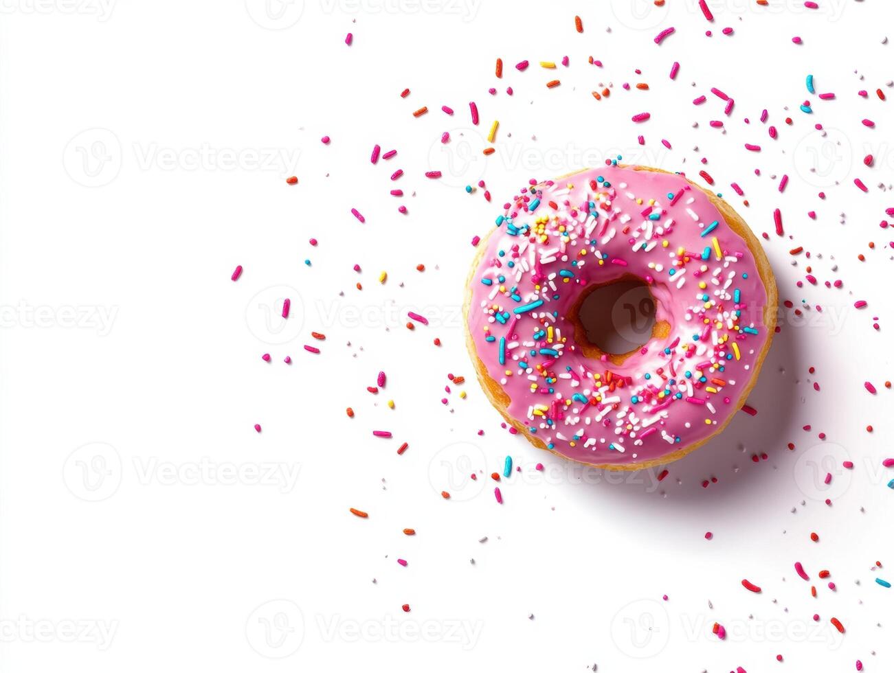 Sweet pink donut topped with colorful sprinkles on a white surface photo