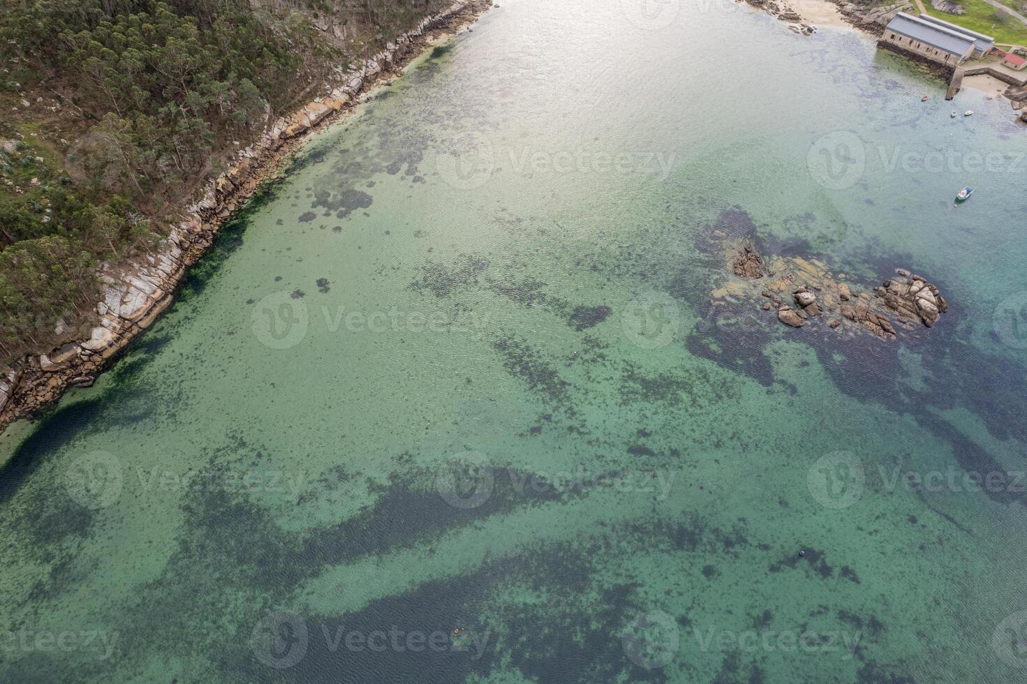 rocky shore with submerged rocks in clear water drone photography of trees rocks and shallow ocean photo
