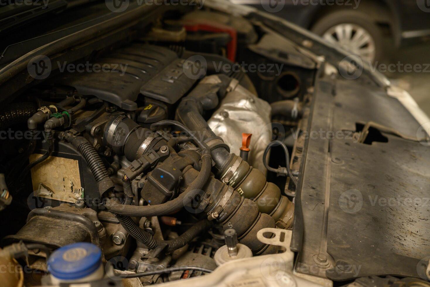 mechanics view of a complex internal combustion engine photo
