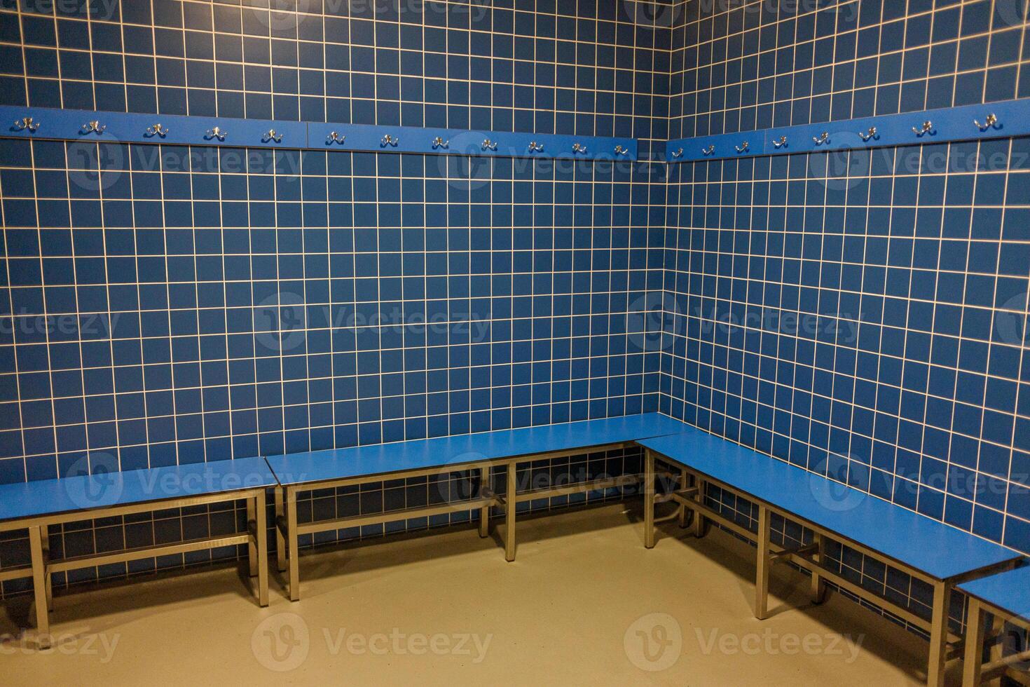 clean and organized pool changing room with seating photo