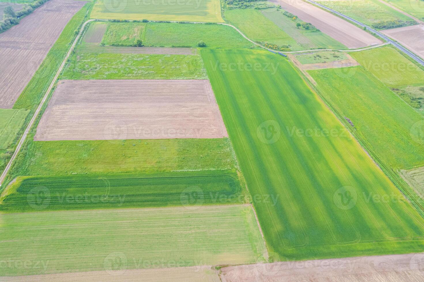 various crops and plowed earth patterns drone down view. Background for agriculture concept photo