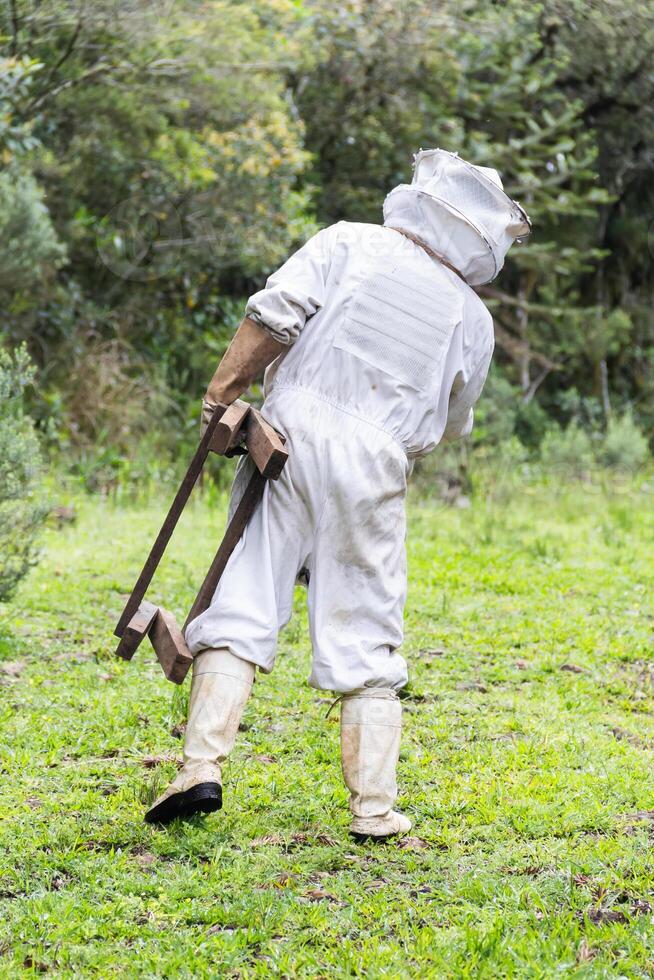 A man in a bee suit carrying a large axe photo