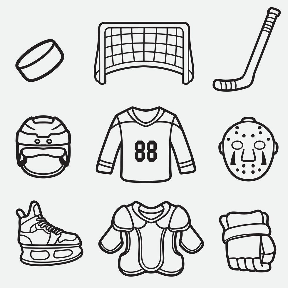 set of hockey equipment with outline style, good for symbol, icon, element design, coloring book, coloring page, etc vector