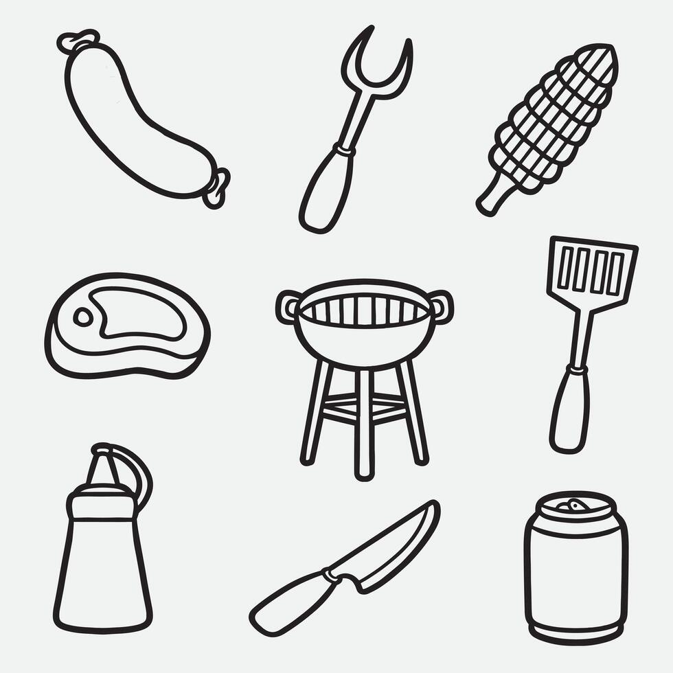 set of bbq with outline style equipment good for icon, symbol, element design, coloring book, coloring page, etc vector