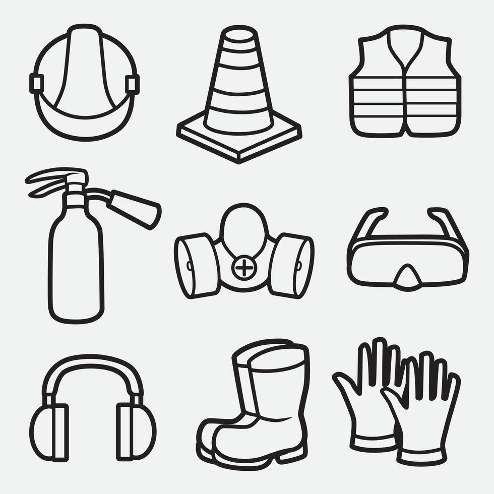 set of safety equipment with outline style good for icon, symbol, element design, coloring book, coloring page, etc vector