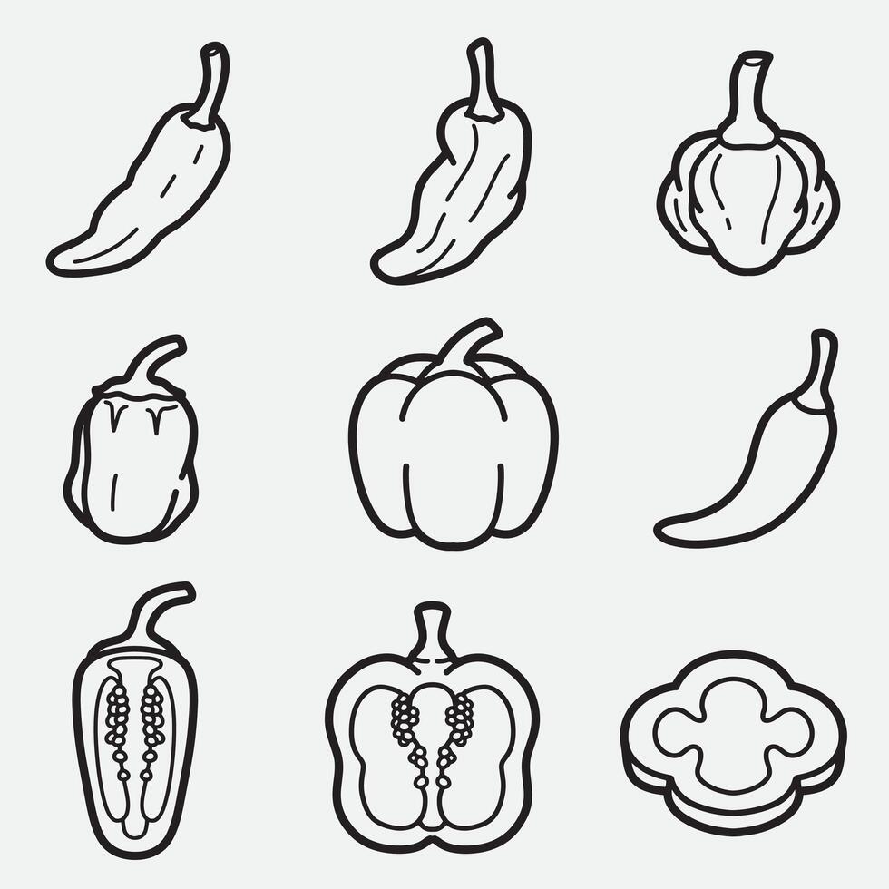 set of chili with outline style good for icon, symbol, element design, coloring book, coloring page, etc vector