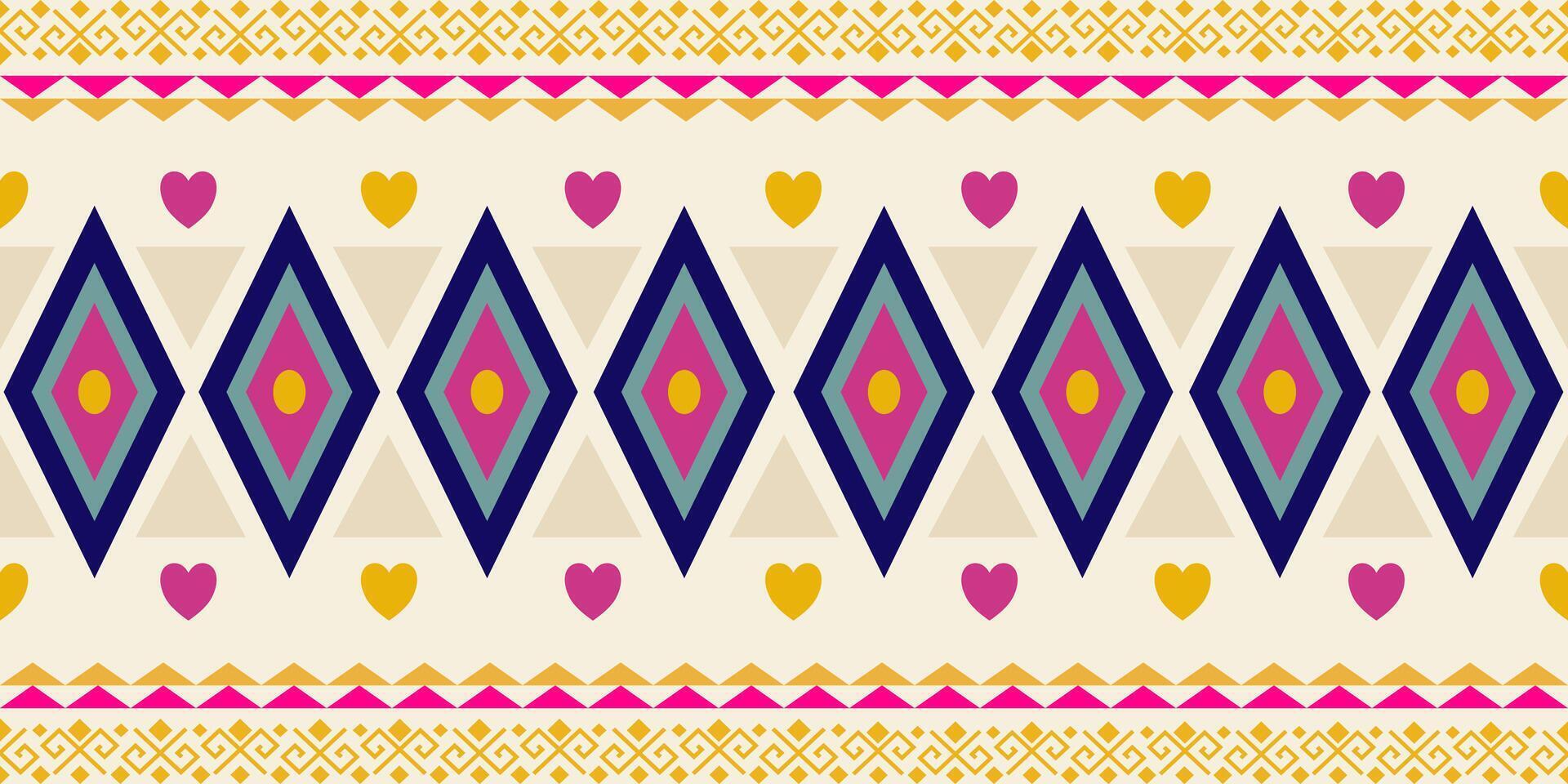 Vibrant vintage border pattern,geometric and heart shape diamonds,zig-zag,playful,dynamic design with yellow pink blue on light background. Ideal for textile design,fabric print,embroidery vector