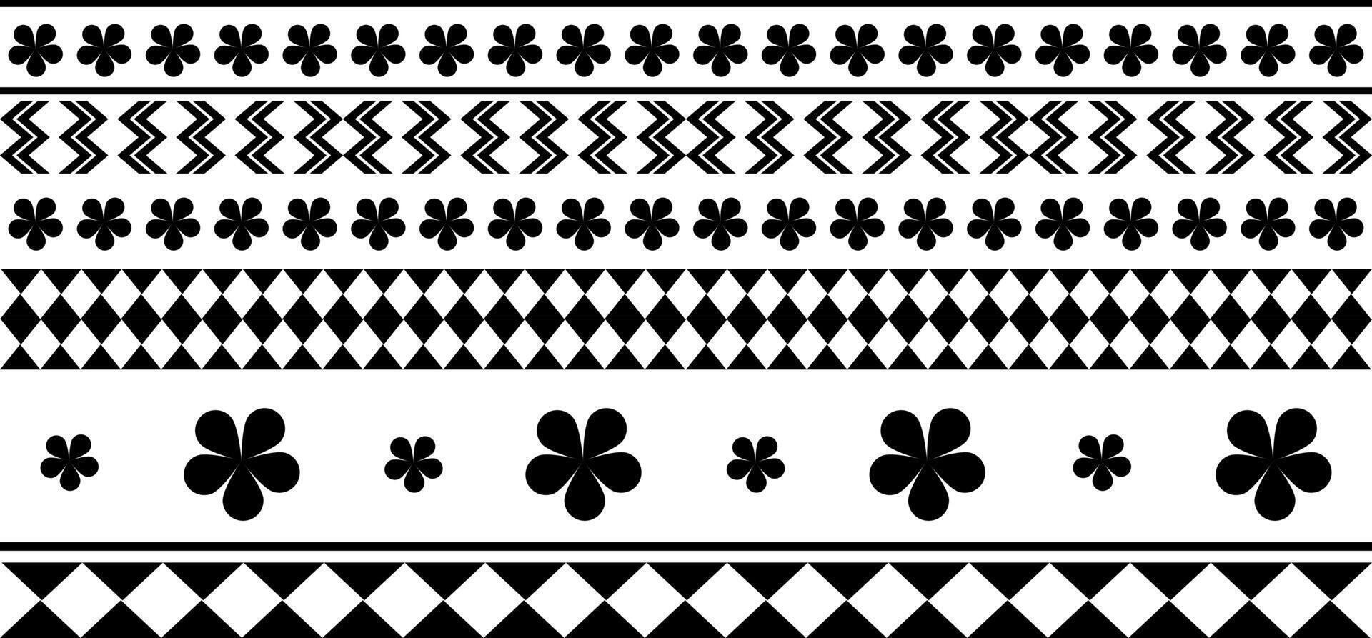 Repeating geometric and floral black and white pattern. Geometric tribal border flowers,diamonds,arrow-like shapes. Suitable for textile prints, backgrounds,wallpaper,graphic design. vector