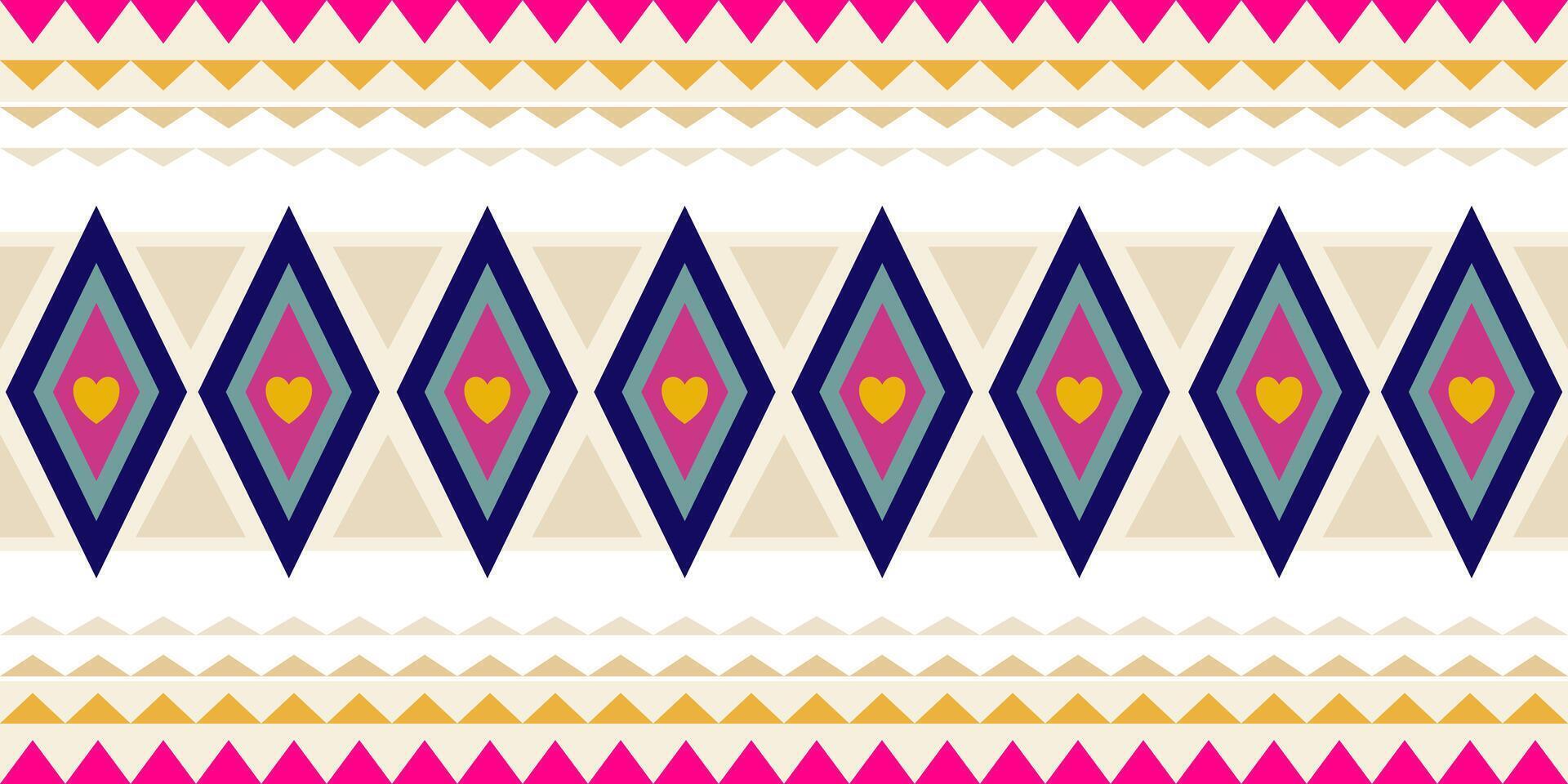 Vibrant retro horizontal pattern,geometric shape diamonds,zig-zag,playful,dynamic design with yellow pink blue on light background. Ideal for textile design,fabric print,embroidery,decoration,poster vector
