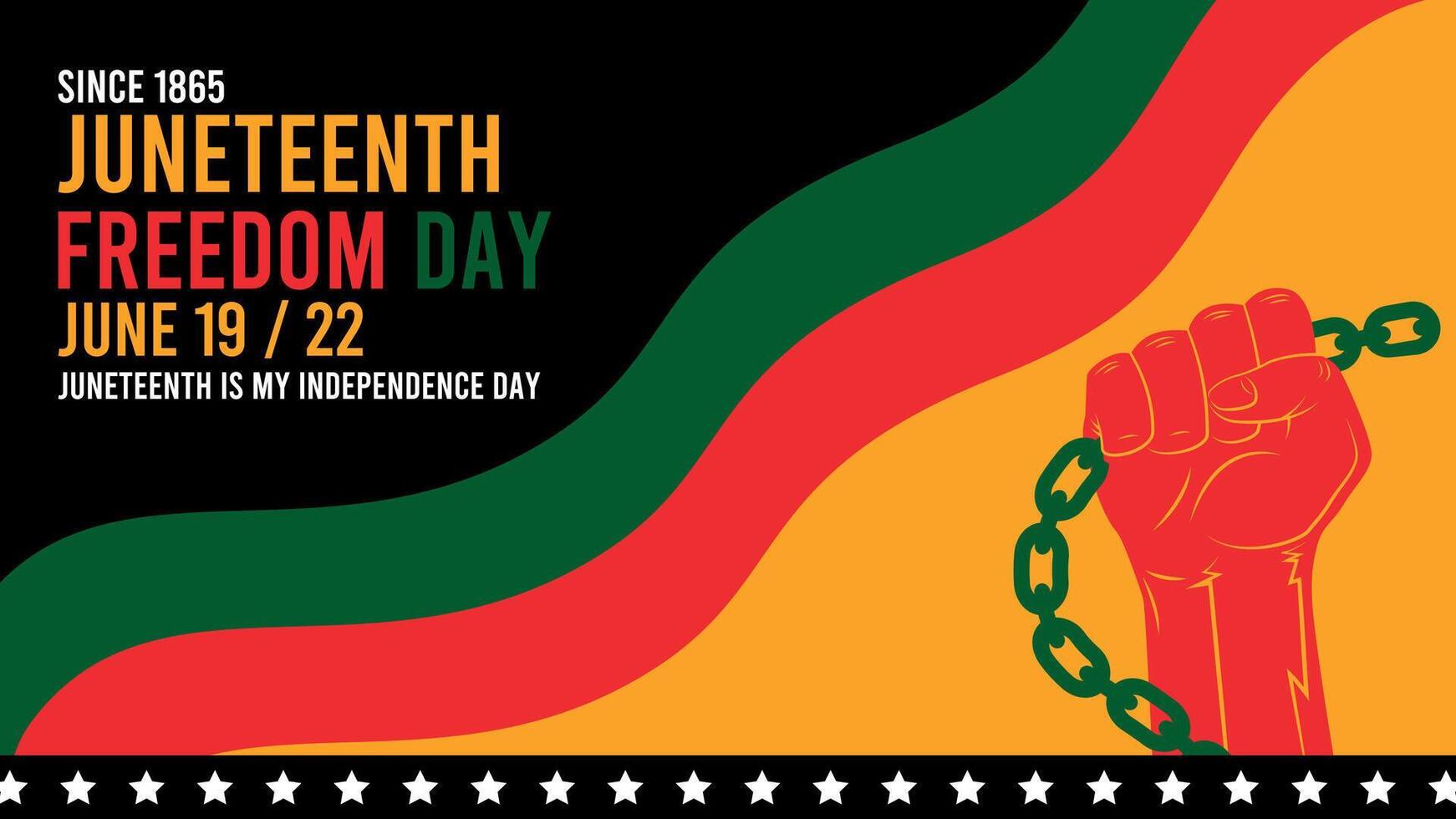 A raised fist holding a chain with shining stars and Juneteenth colors. A powerful symbol of strength, resistance, and celebration. Includes copy space for a message or title. vector