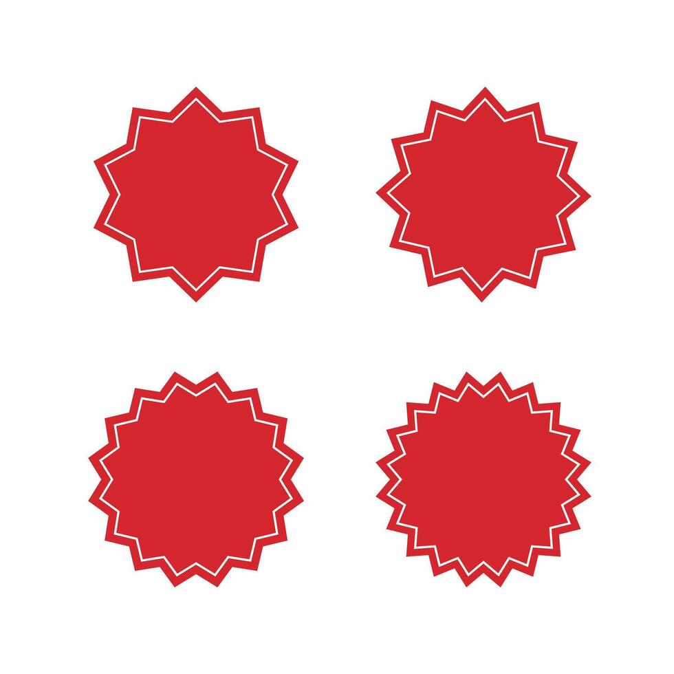 Set of Blank Red Round Starburst Edged Labels with White Borders. Flat Illustration. vector