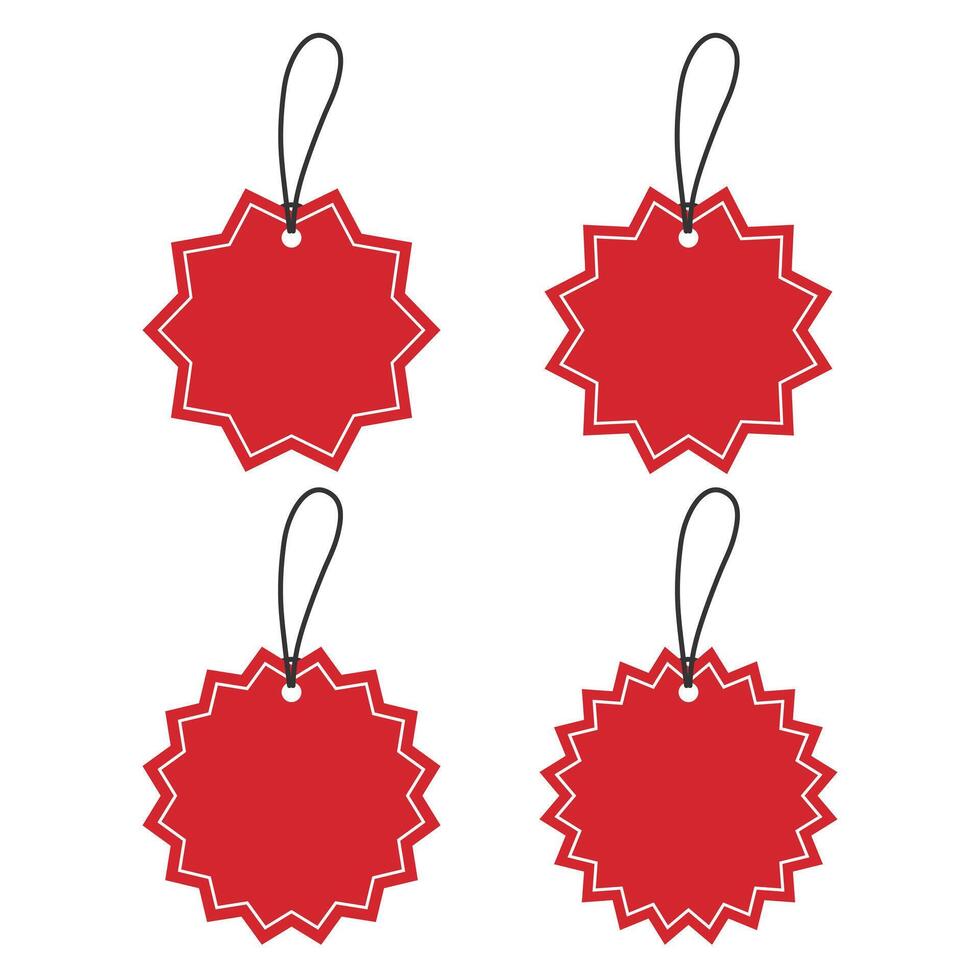 Set of Blank Red Round Starburst Edged Hang Tags with White Borders. Flat Design Illustration. vector