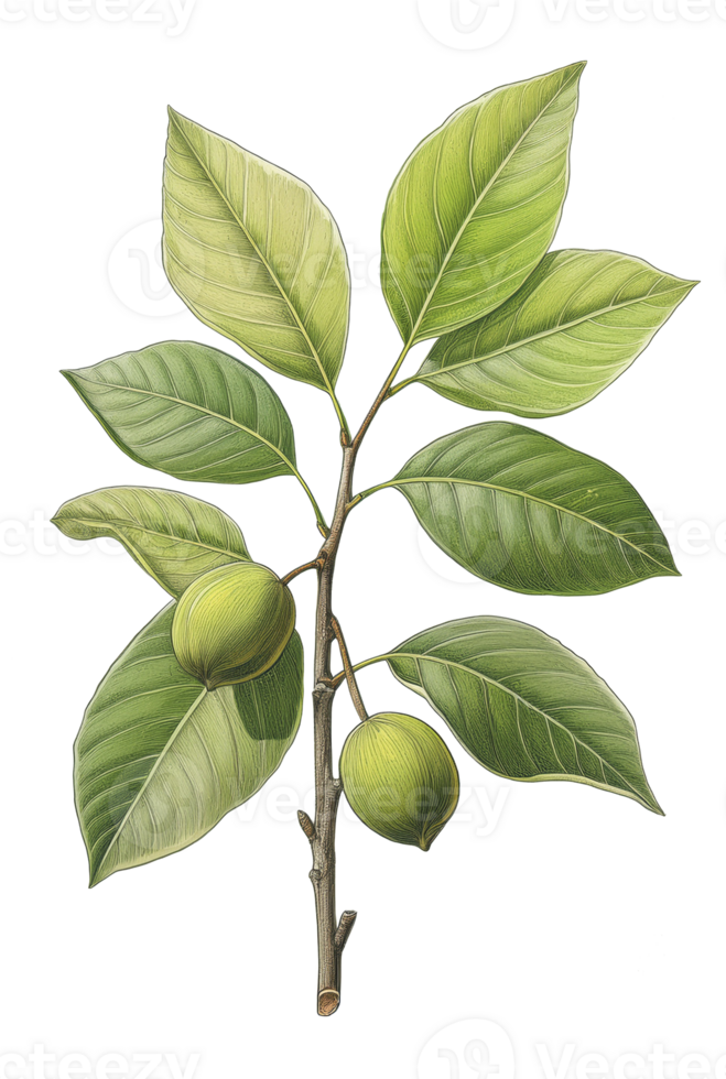 illustration of walnut tree, Juglans regia, with fruits, leaves. Walnut shell inside it green nut husk png