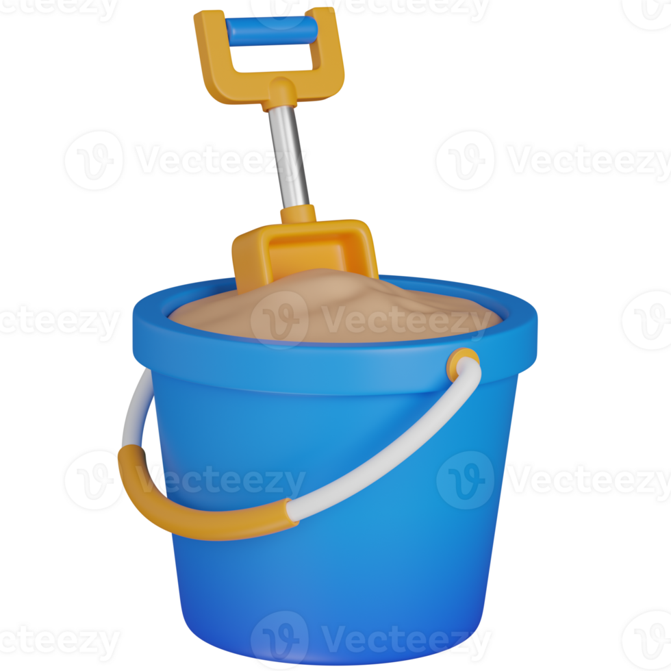 3D Render of a Blue Bucket with Sand and a Shovel icon png