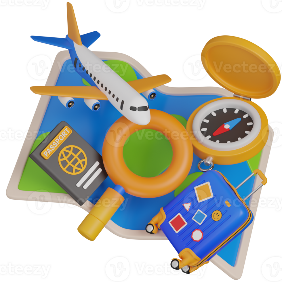 3d render Planning map a Trip Airplane and Luggage icon png