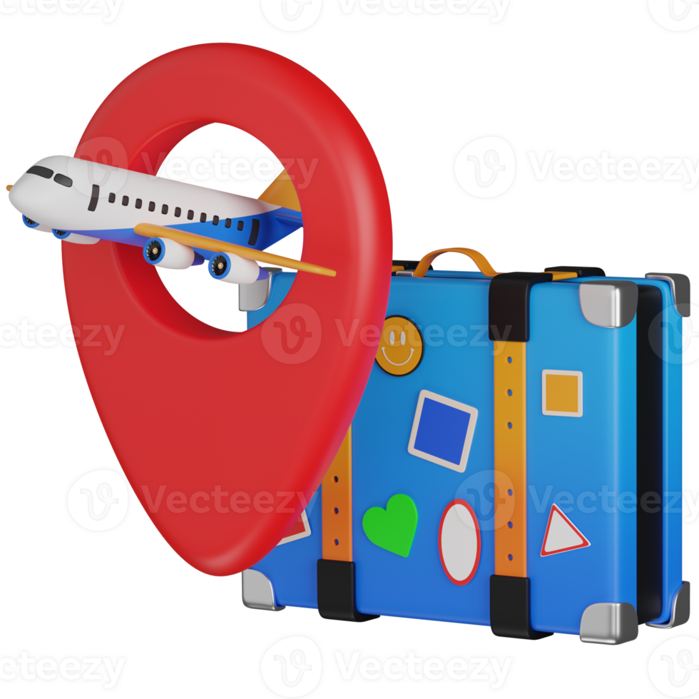 3d render for Travel Adventure Airplane, Suitcase, and Location Pin icon png
