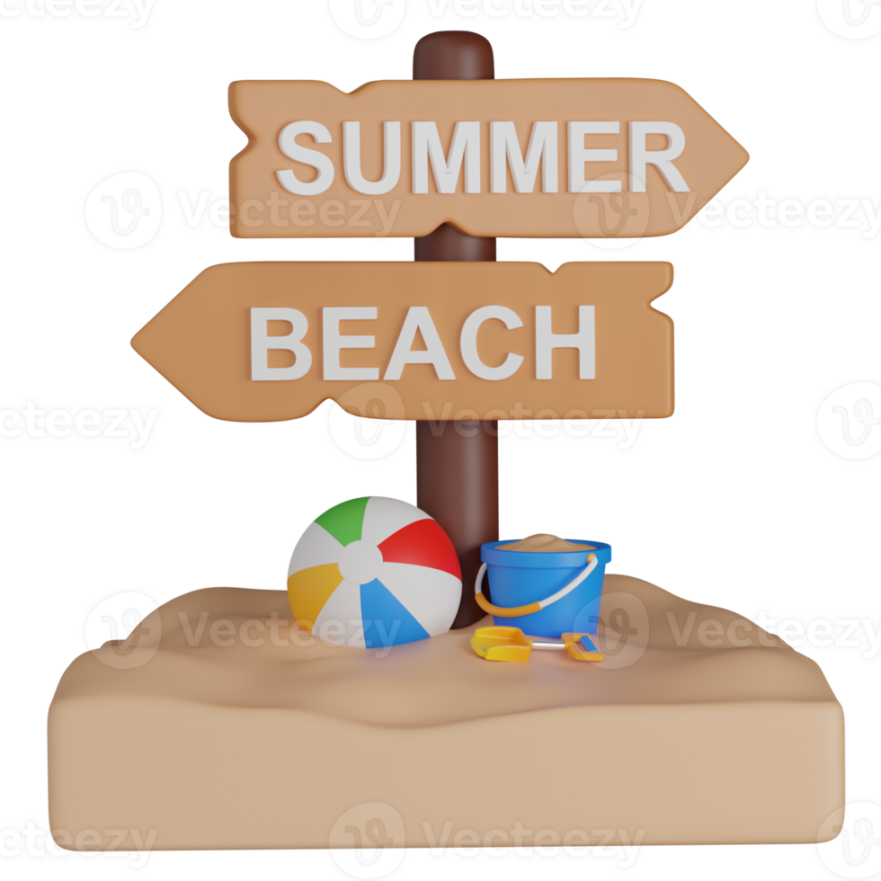 3d render Summer Beach Sign with Beach Accessories icon png