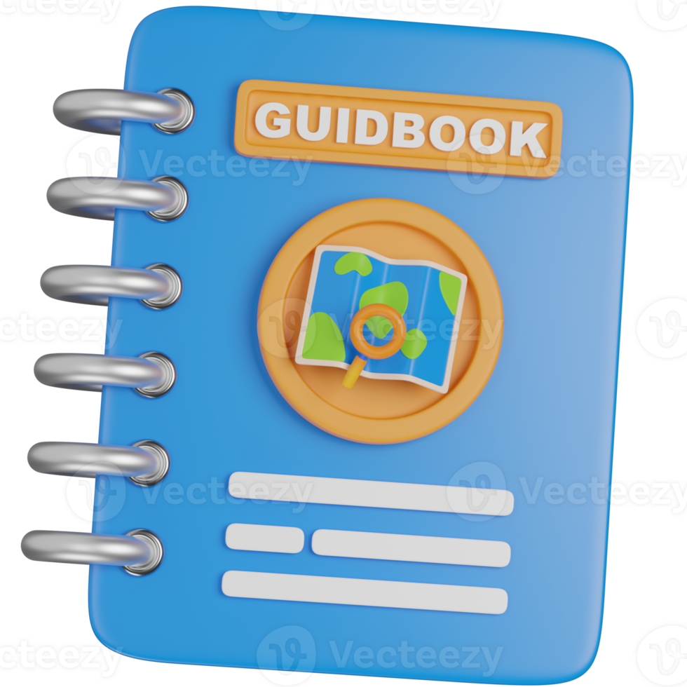 3d render travel Guidebook with Map and Magnifying Glass icon png