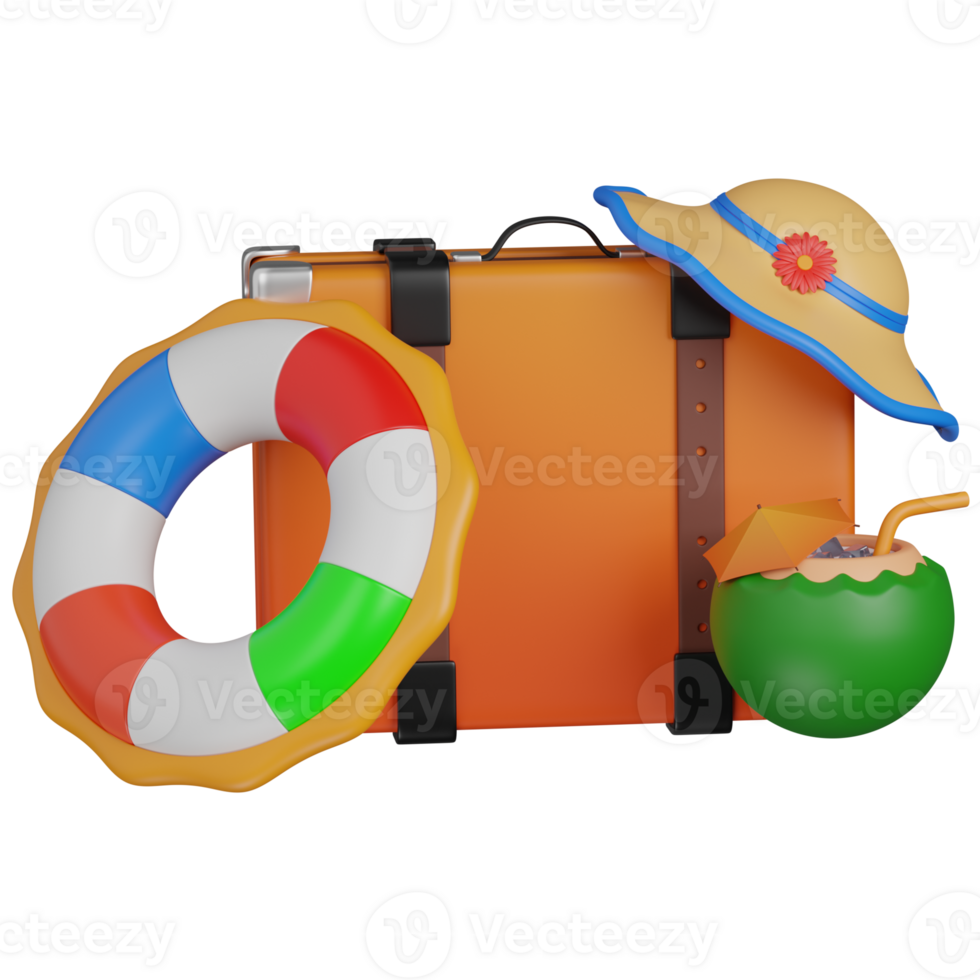 3d render Summer vacation essentials suitcase swim ring hat and coconut drink icon png