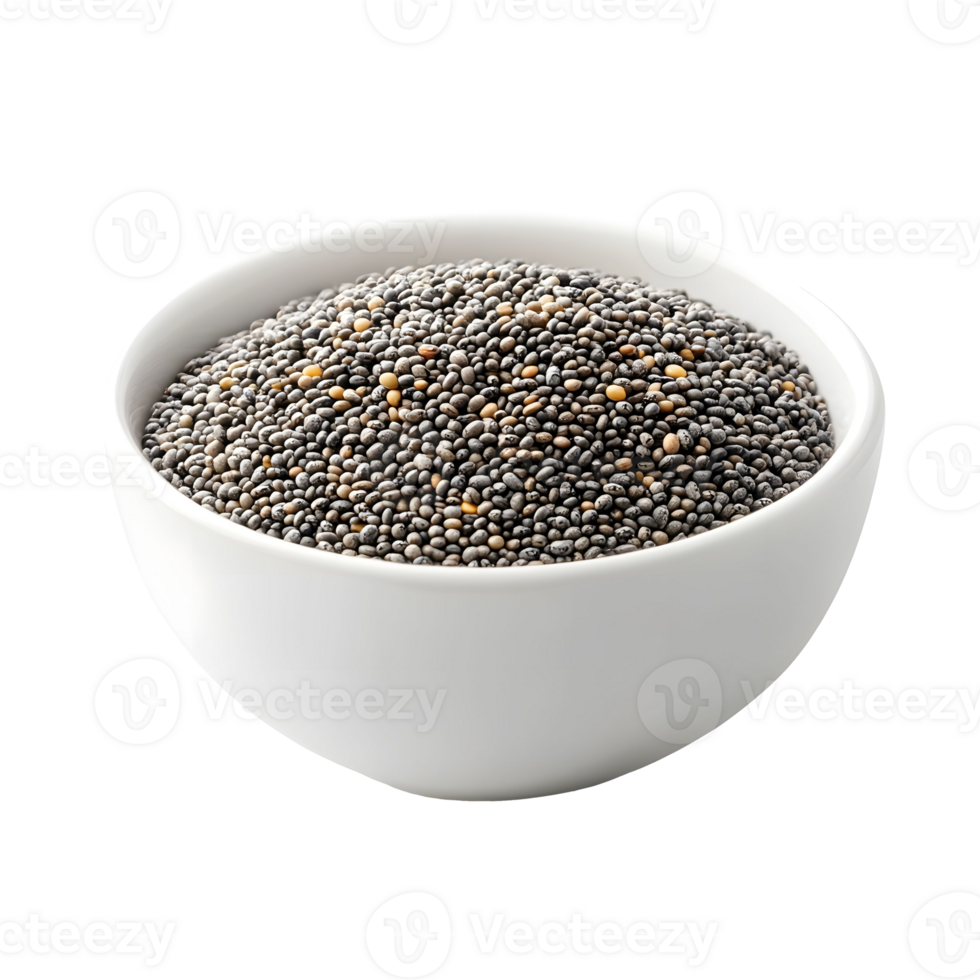 Closeup of Dark Chia Seeds in a White Bowl on Transparent Background png