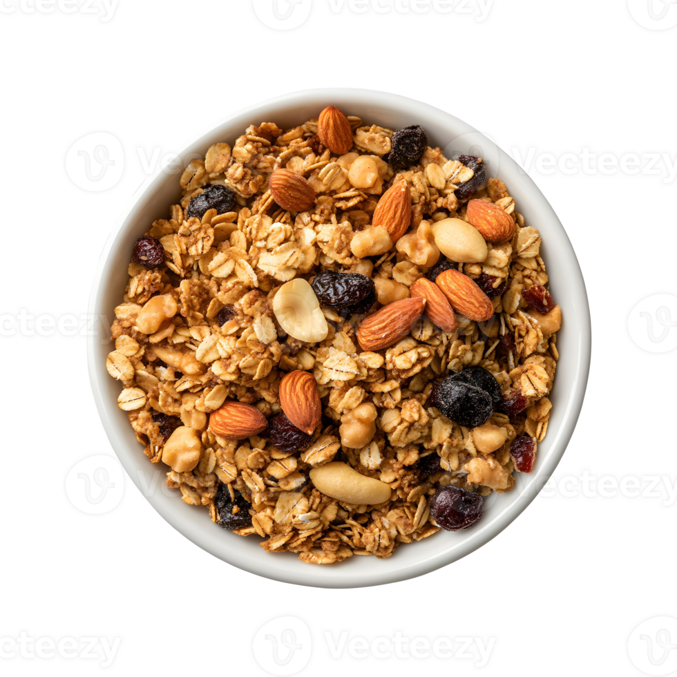 Overhead Shot of Granola with Nuts and Dried Cranberries in a White Bowl png