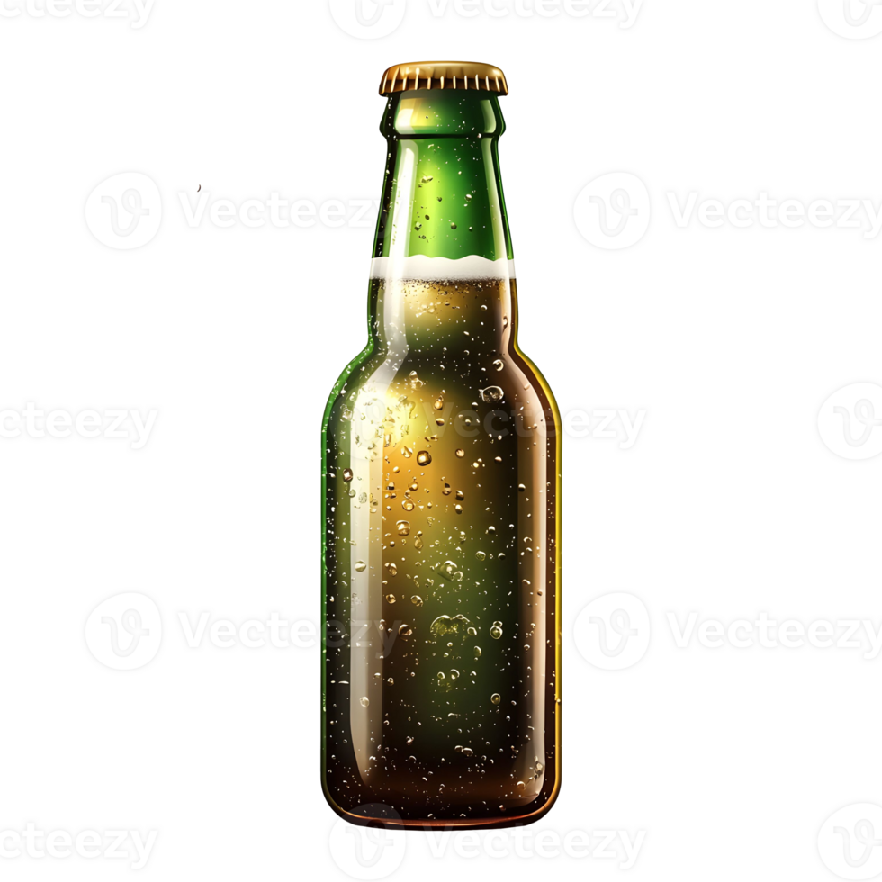 Green Glass Beer Bottle with Golden Liquid and Bubbles on Transparent Background png