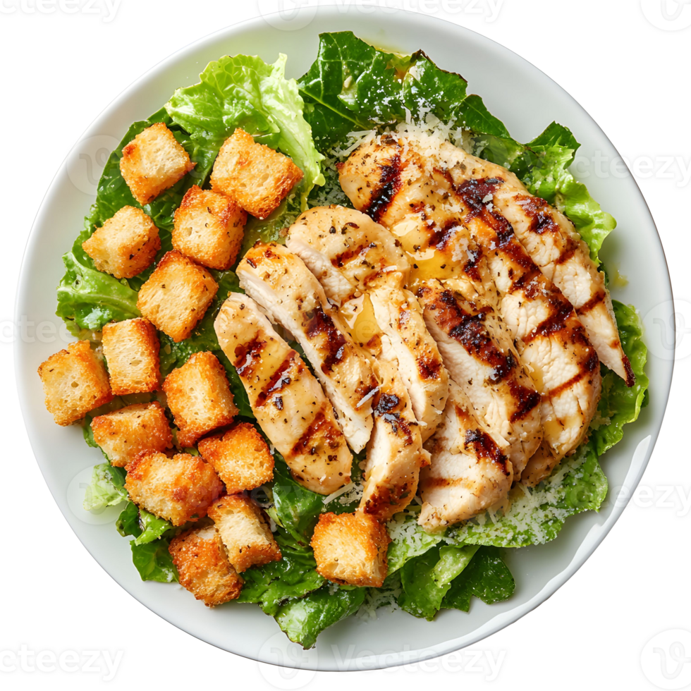 Grilled Chicken Caesar Salad with Croutons on White Plate png