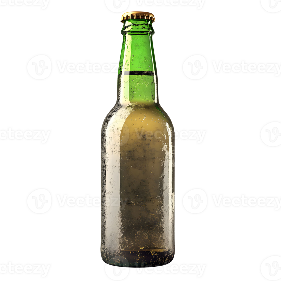 Green Glass Beer Bottle with Golden Liquid on Transparent Background png