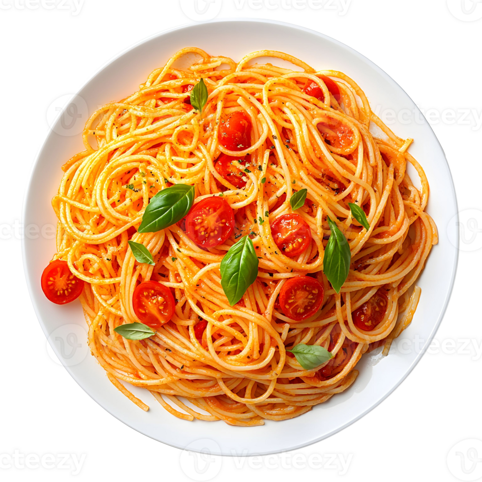 Overhead Shot of Spaghetti with Tomatoes and Basil on White Plate png