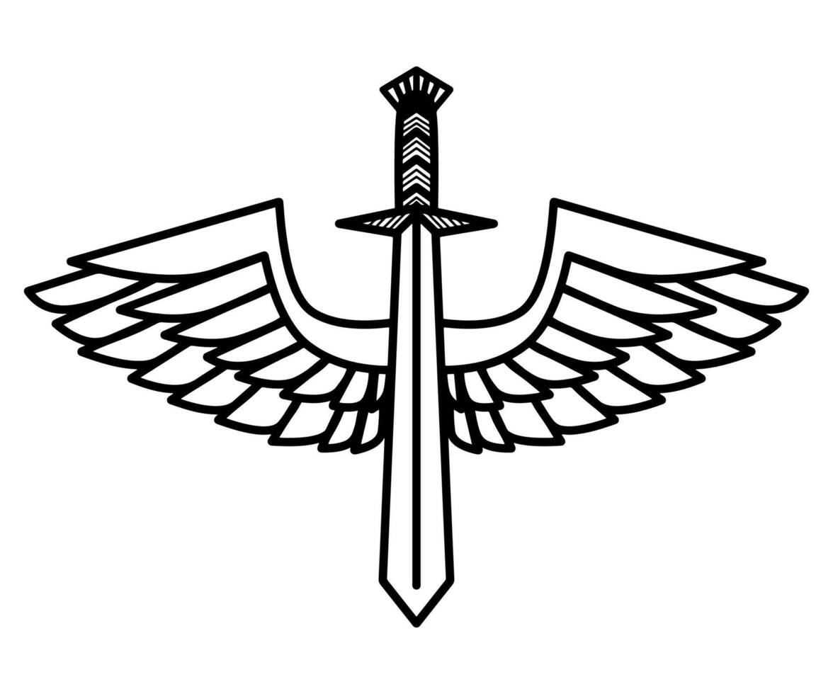 Hand drawn winged sword sketch in doodle style vector