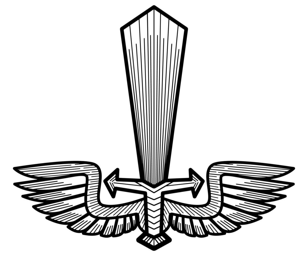 Hand drawn sword with wings. Engraved winged sword vector