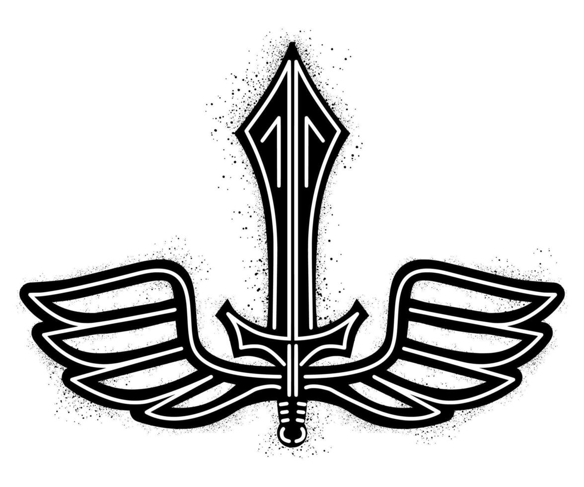 Hand drawn winged graffiti sword with black spray paint vector