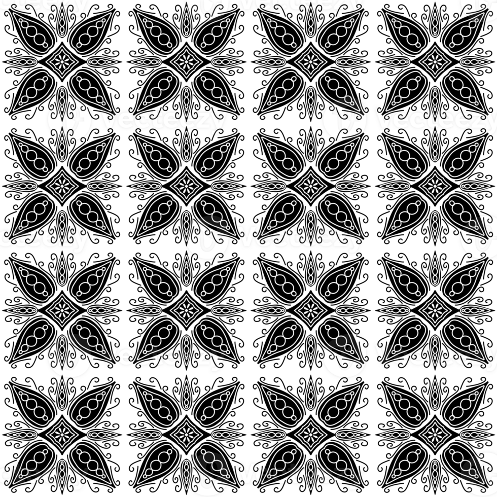 A black and white pattern with a lotus flower batik pattern seamless png