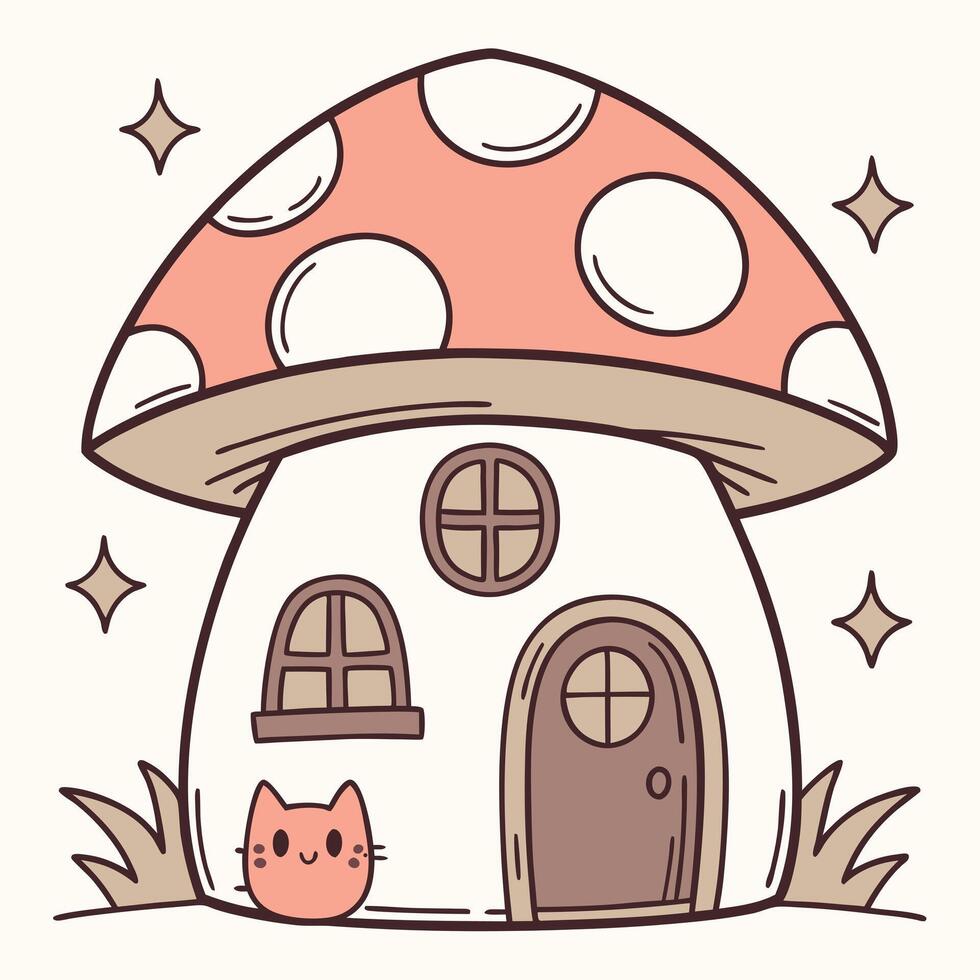 A cartoon mushroom house with a cat inside vector