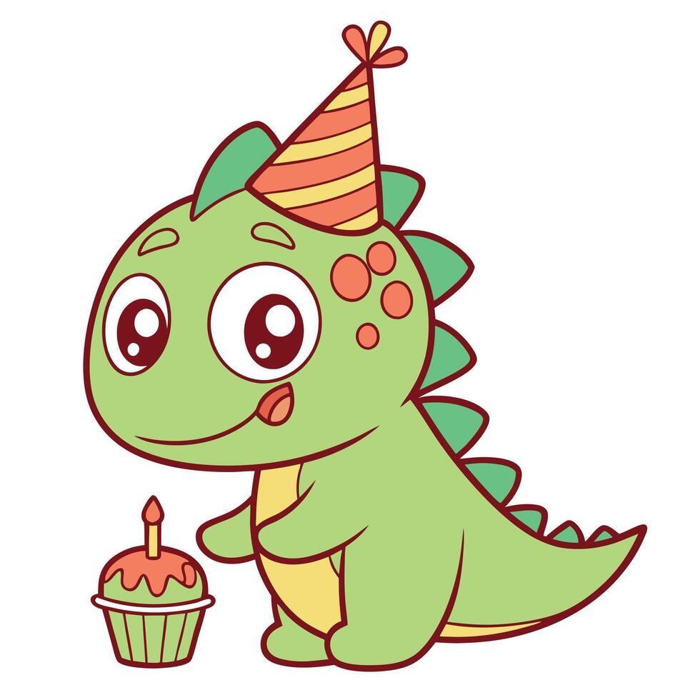 A cartoon dinosaur with a birthday hat and cupcake vector