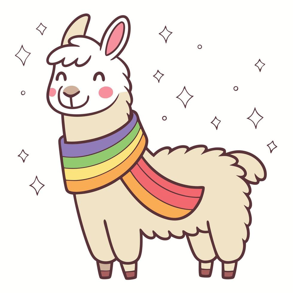 A llama wearing a rainbow scarf vector