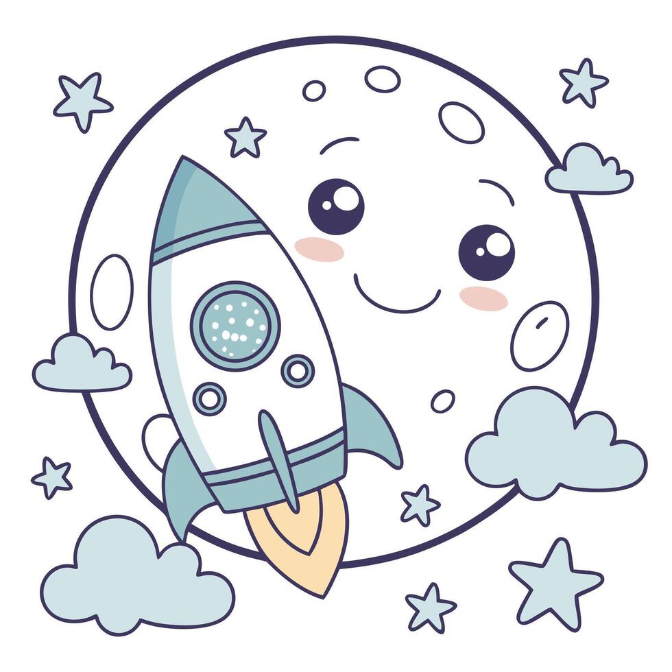 Cute cartoon rocket ship flying over the moon illustration vector